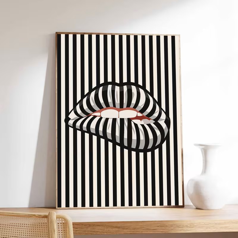 Interior Design Home Decor - Simple and Abstract Striped Lip-shaped Canvas