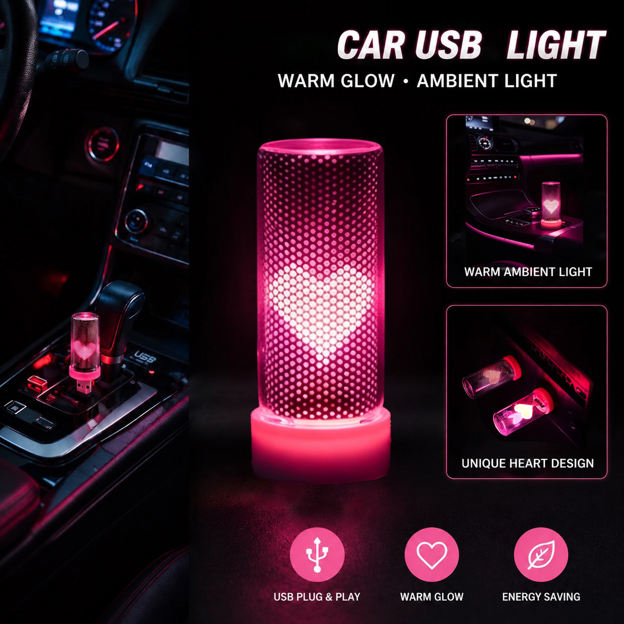 New USB Heart Car Ambient Mood - Interior Design Home Decor recension och pris